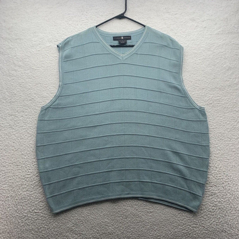 VTG Nike Tiger Woods Sweater Vest Mens XL X-Large Golf Blue V Neck Grid Preppy